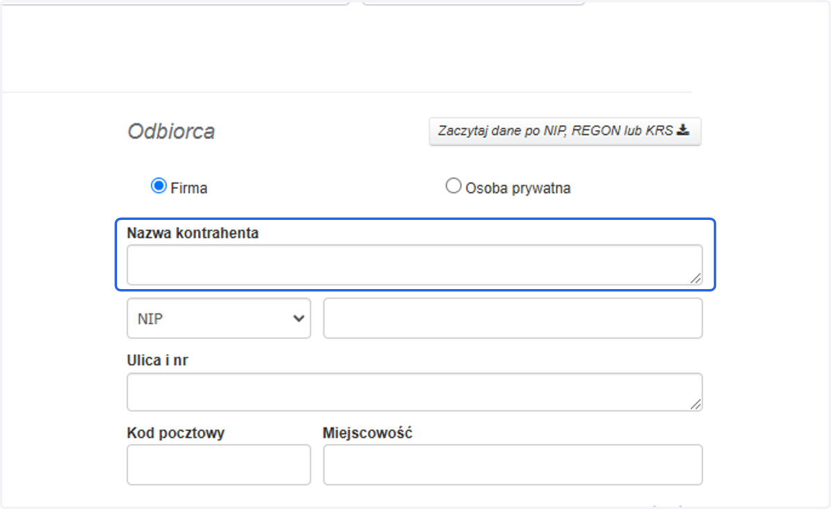 Dane w sekcji Odbiorca nie są wymagane w przypadku tworzenia dokumentu RW. Rubryki te mogą pozostać puste. System pozwoli zapisać dokument.