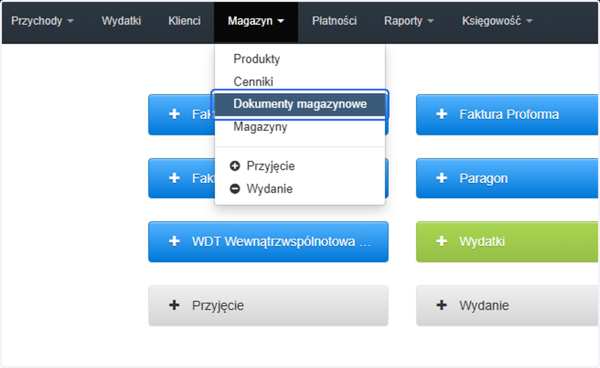 Następnie z listy wybierz 'Dokumenty magazynowe'.