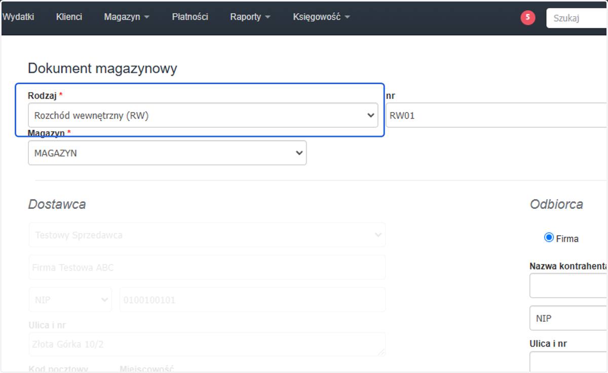 Z listy wybierz 'Rozchód wewnętrzny (RW)' i zatwierdź komunikat wskazujący na zmianę formatki.