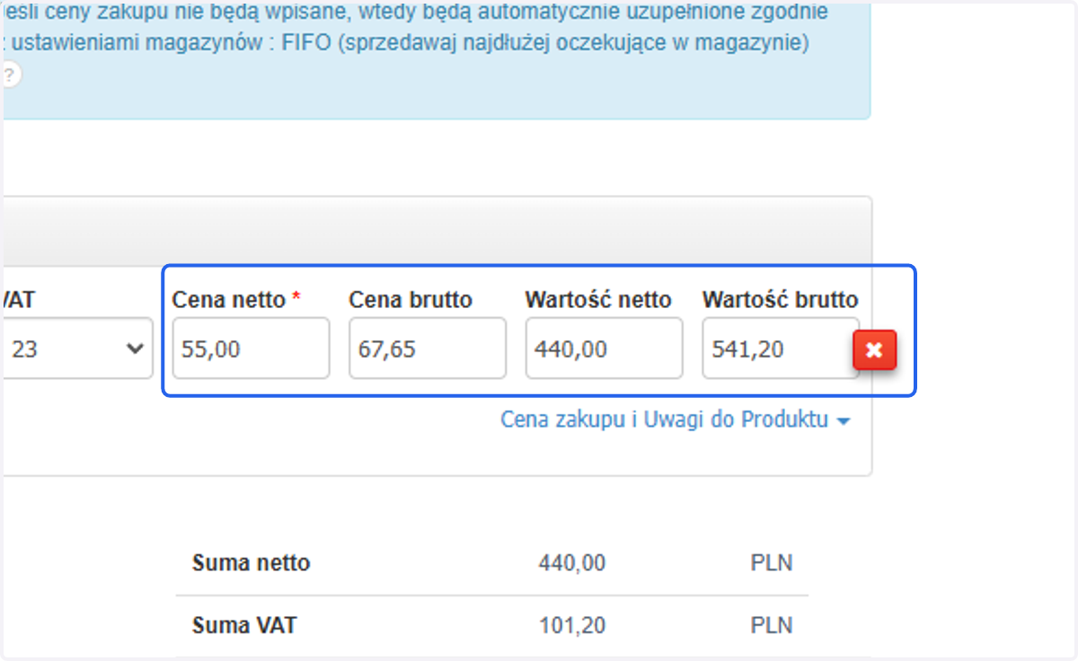Ceny sprzedaży system automatycznie zaczyta z karty produktu.