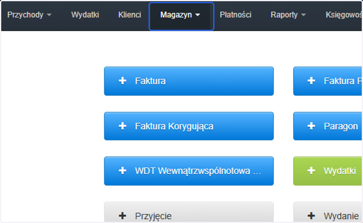 Aby wystawić dokument RW, przejdź do zakładki 'Magazyn'.
