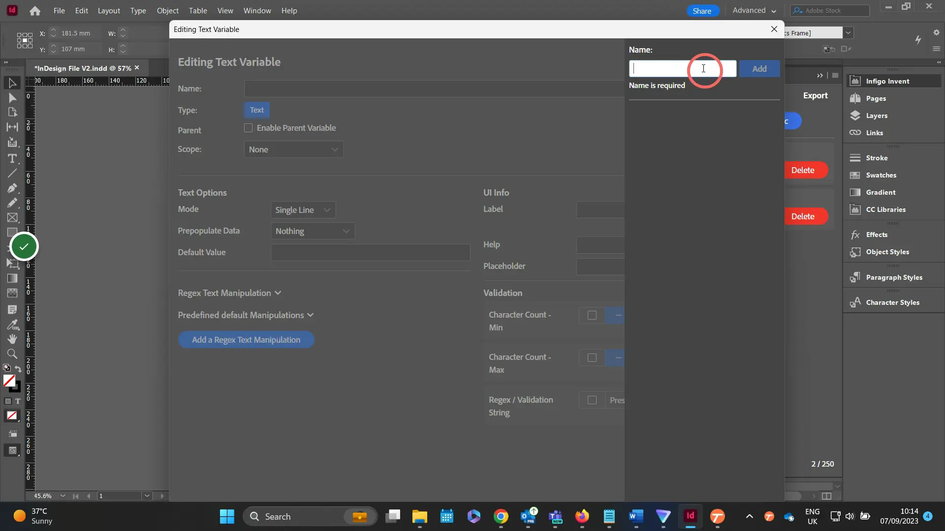 A pop up window will display allowing input of a variable name