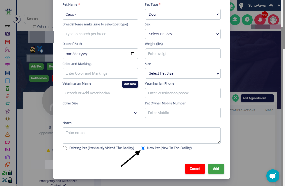 Select New Pet Option: If the pet is new to your facility, choose the "New Pet (New To The Facility)" option at the bottom of the "Add Pet" popup.