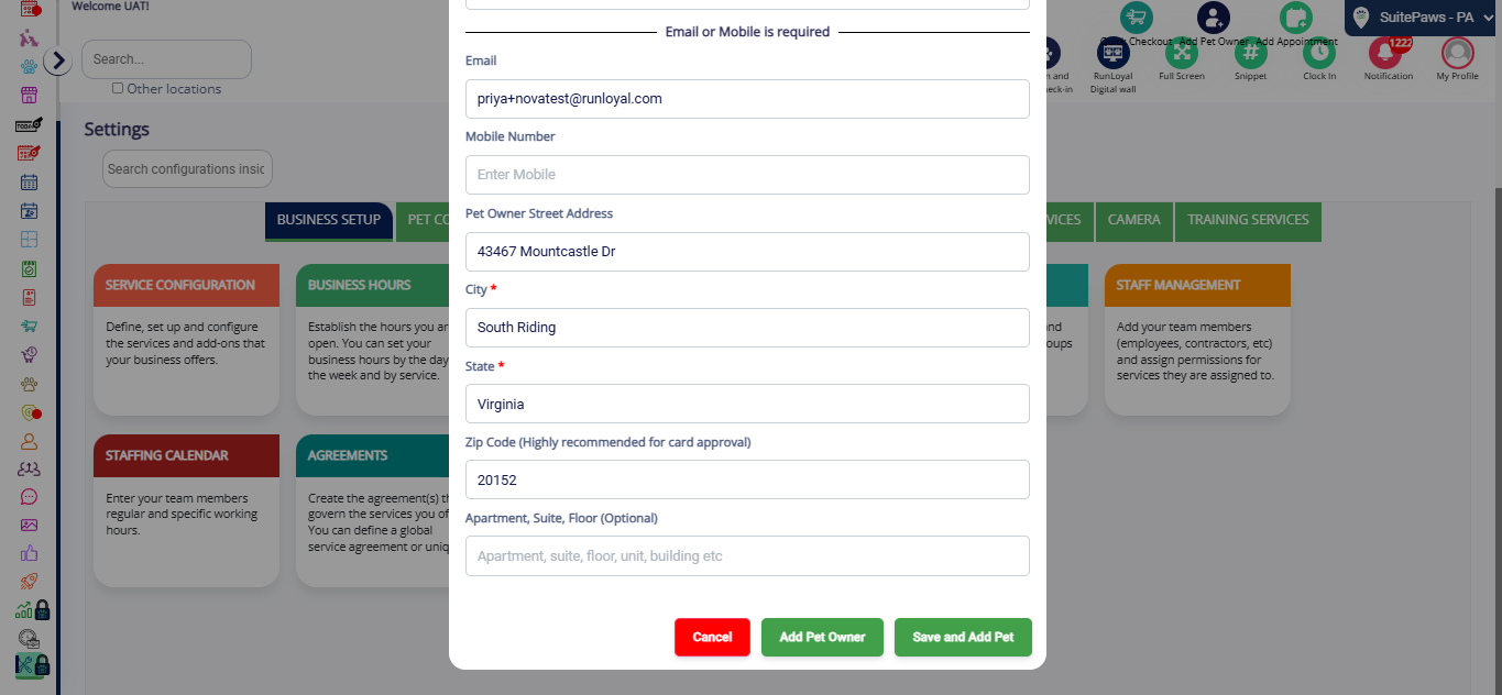 Choose one of the following options: Click on "Add Pet Owner" to save only the pet owner's profile. Click on "Save and Add Pet" to create the pet owner's profile and proceed to add a pet to their profile.