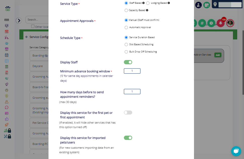 Displaying Services: Toggle for Imported Pets: If the "Display this service for imported pets" toggle is ON, only services with this toggle enabled will be visible. Other services will be hidden.