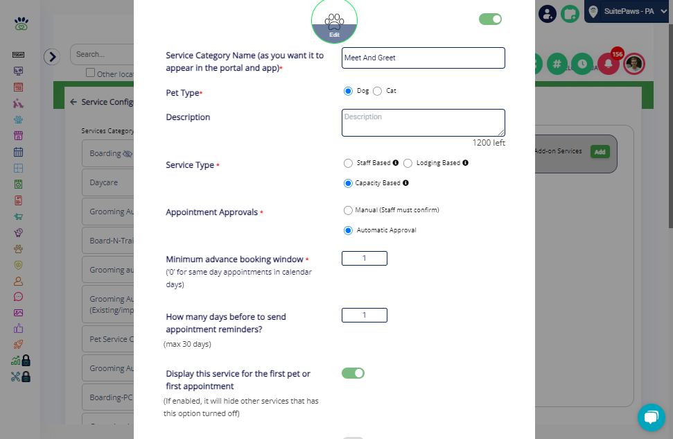 Displaying Services: Toggle for First Pet/Appointment: If the "Display this service for the first pet or first appointment" toggle is ON, only services with this toggle enabled will be visible. Other services will be hidden.