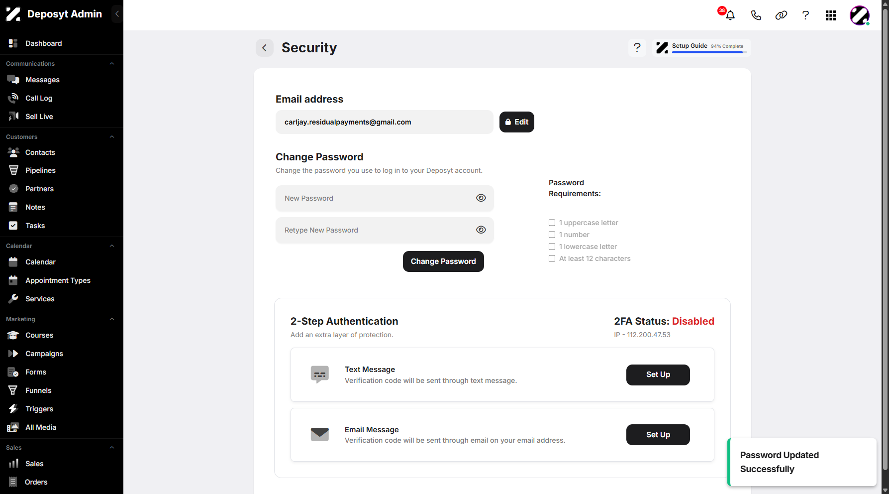 Step 10: A pop-up notification will appear, confirming that your password has been updated successfully.