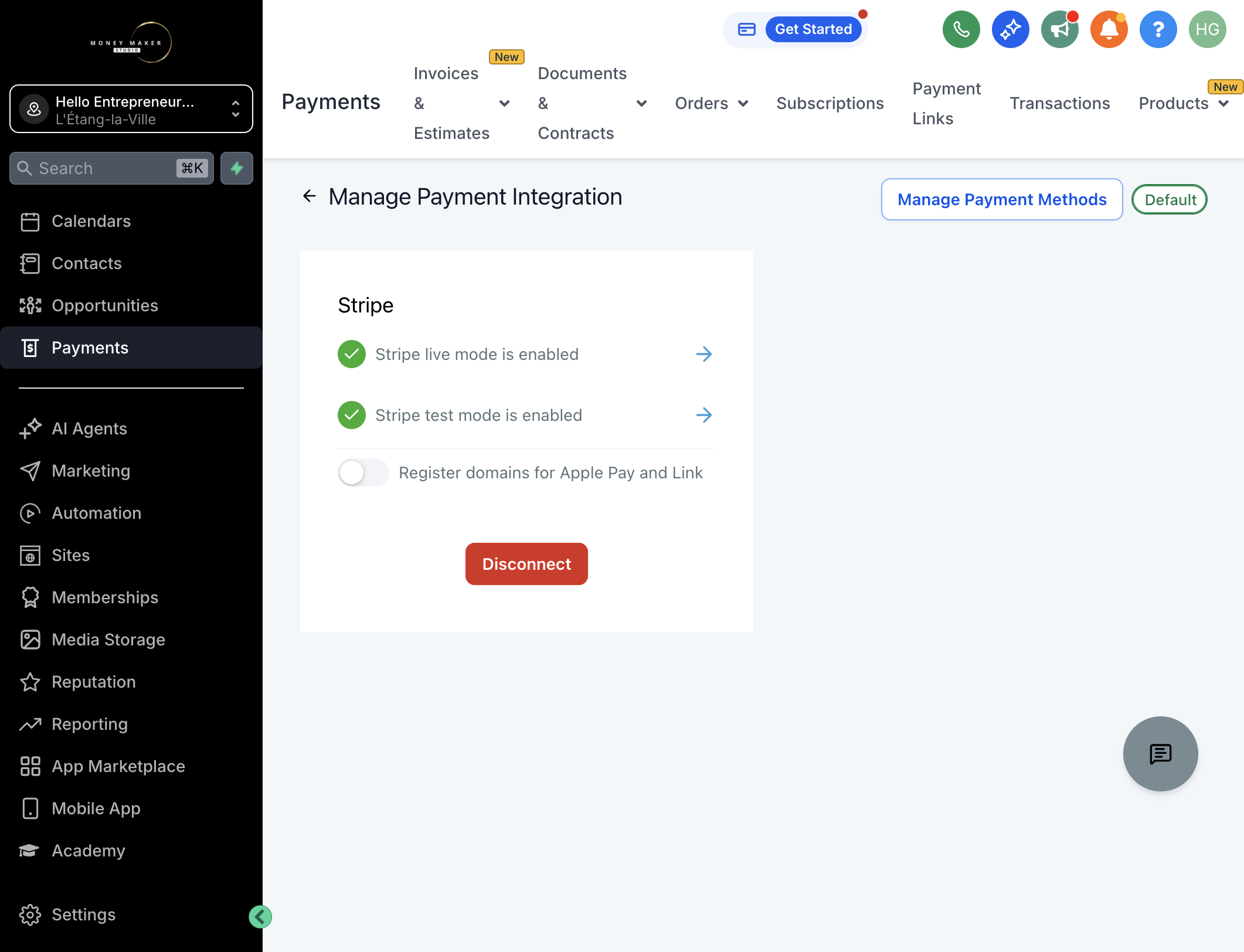 Nu er din Stripe-konto forbundet - Aktiver Apple Pay ved at klikke på toogle-baren