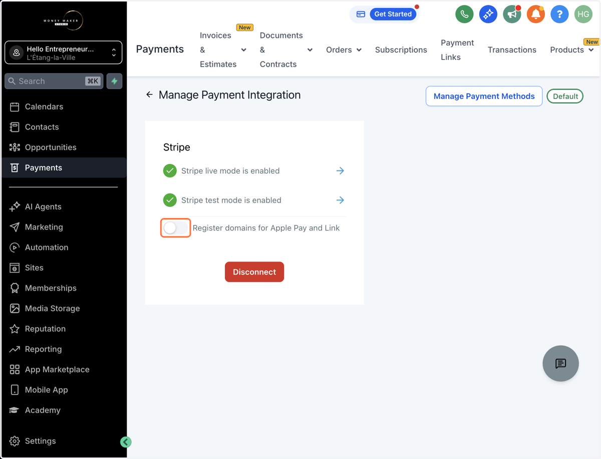 Nu er din Stripe-konto forbundet - Aktiver Apple Pay ved at klikke på toogle-baren