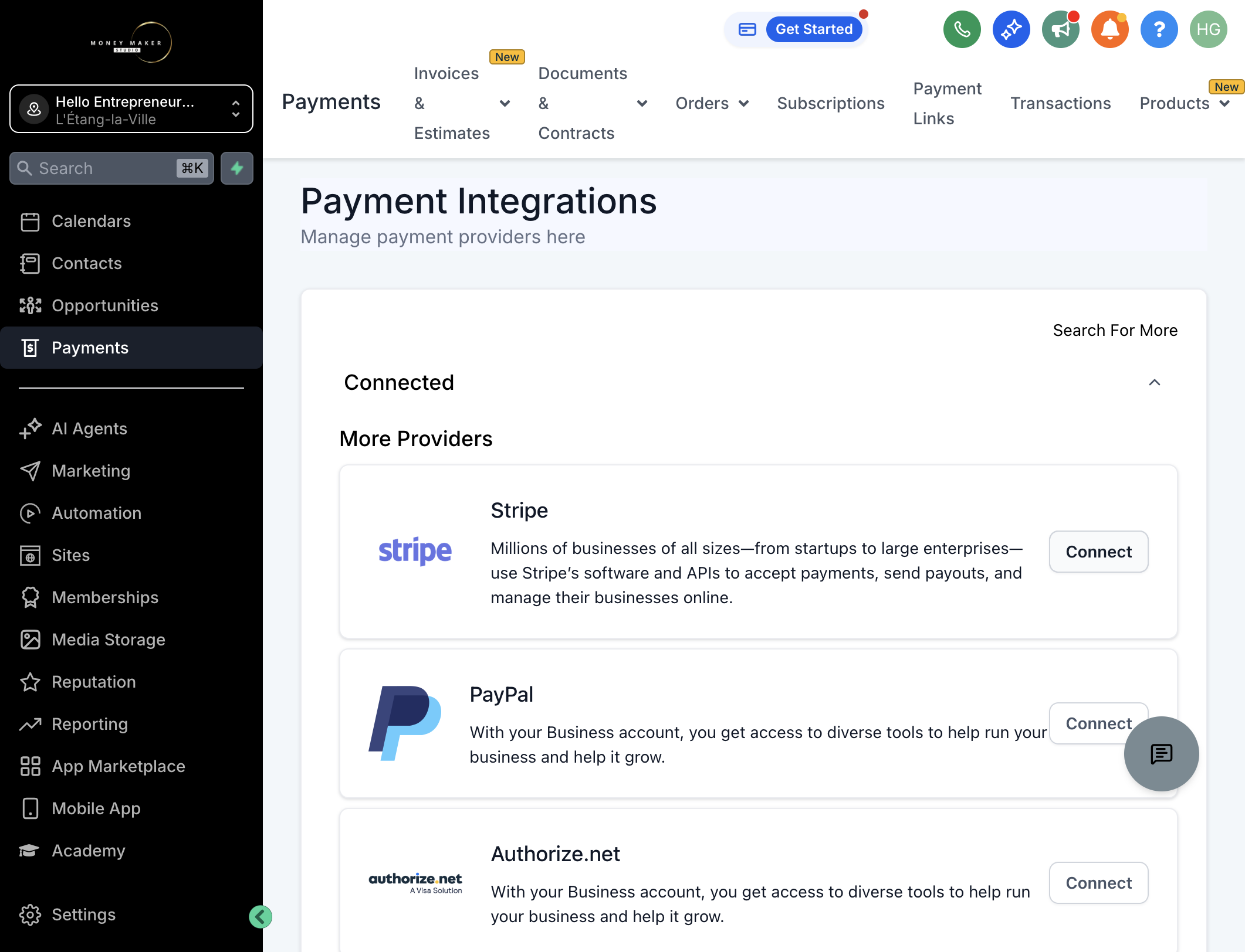 Klik på "Connect" ud for Stripe