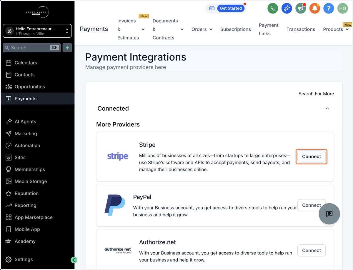 Klik på "Connect" ud for Stripe