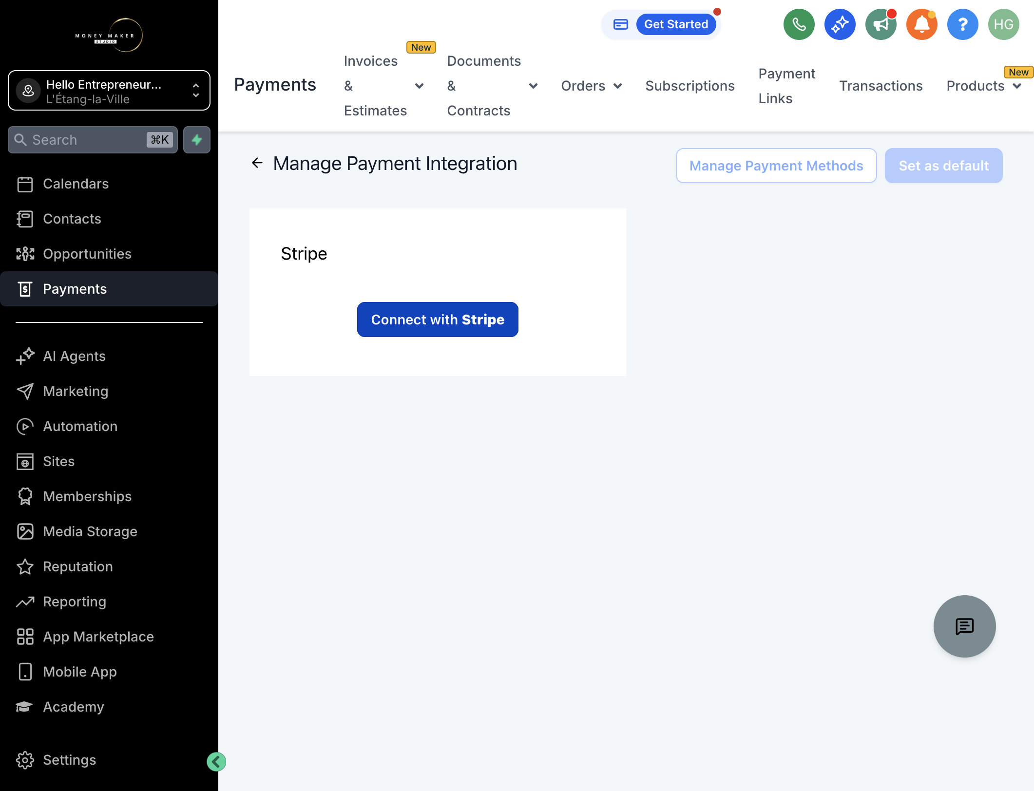 Klik på "Connect with Stripe"