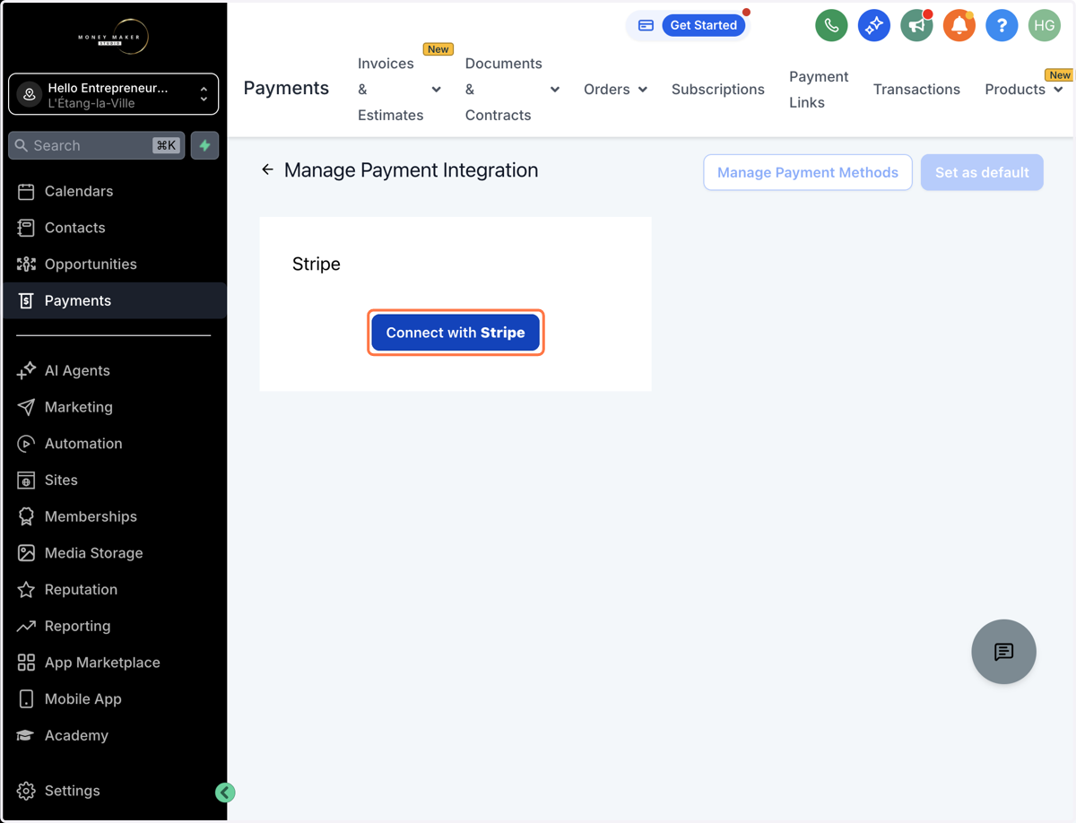Klik på "Connect with Stripe"