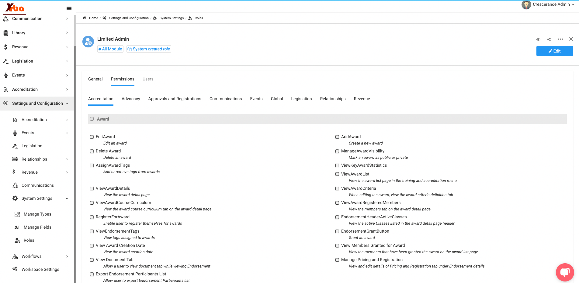 Select the module you wish to enable permissions for and then check the box accordingly
