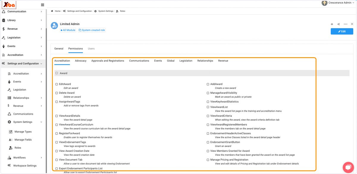 Select the module you wish to enable permissions for and then check the box accordingly