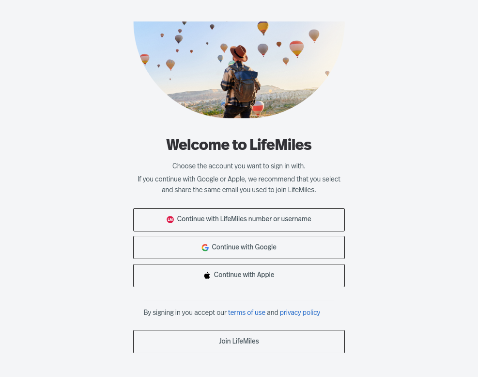 Click on Continue with LifeMiles number or username