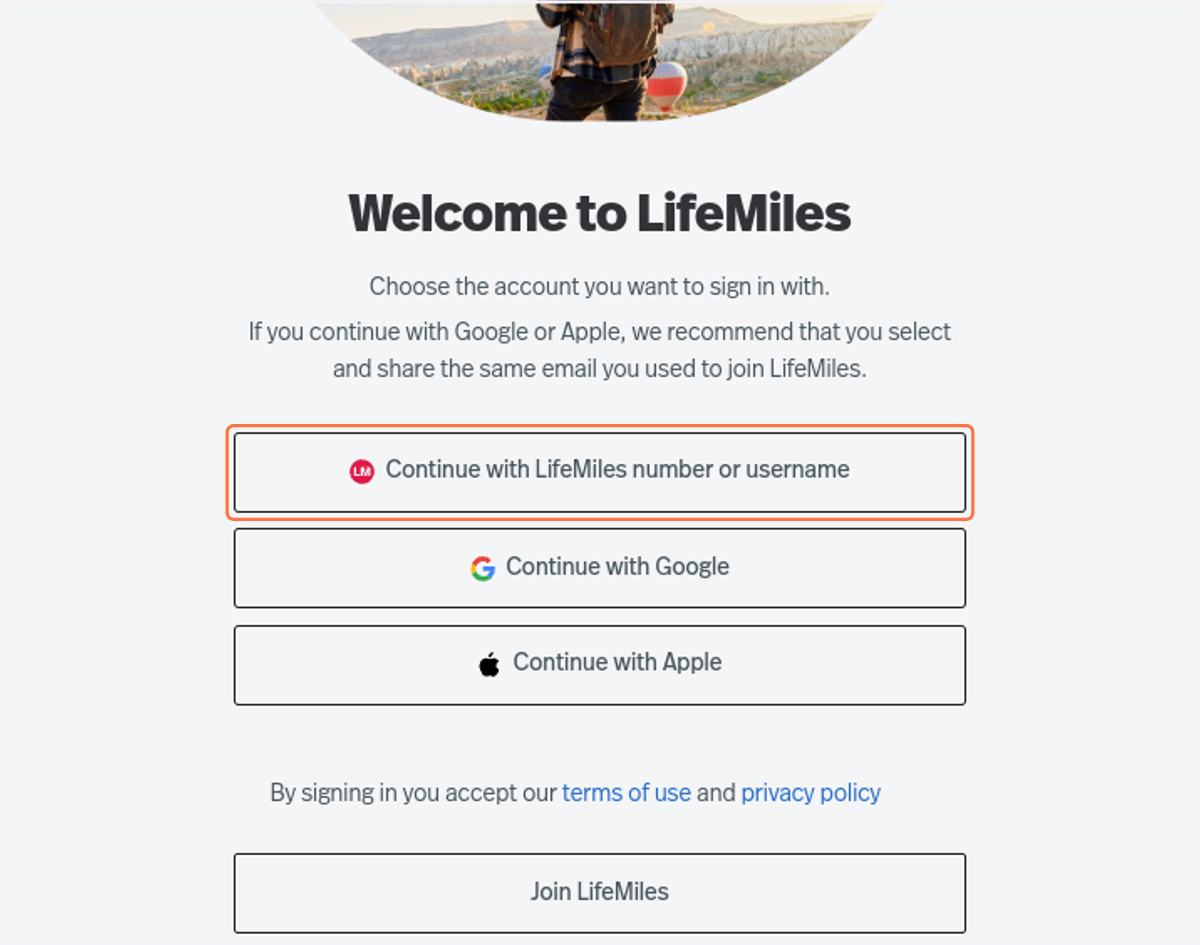 Click on Continue with LifeMiles number or username