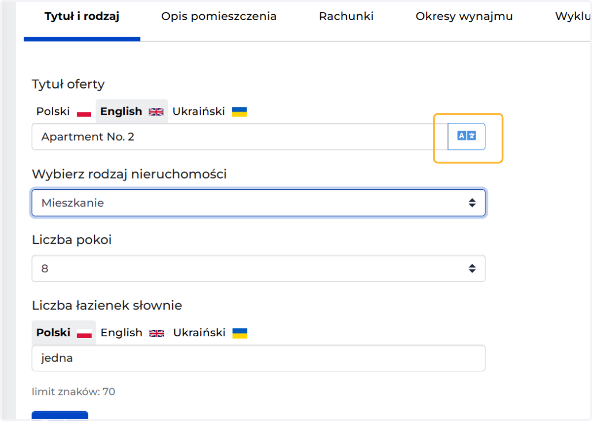 Oferty mogą pojawiać się w 3 językach. Wystarczy, że przełączysz się na kolejną zakładkę, aby dodać treść w tym języku. Możesz też skorzystać z opcji automatycznego tłumaczenia