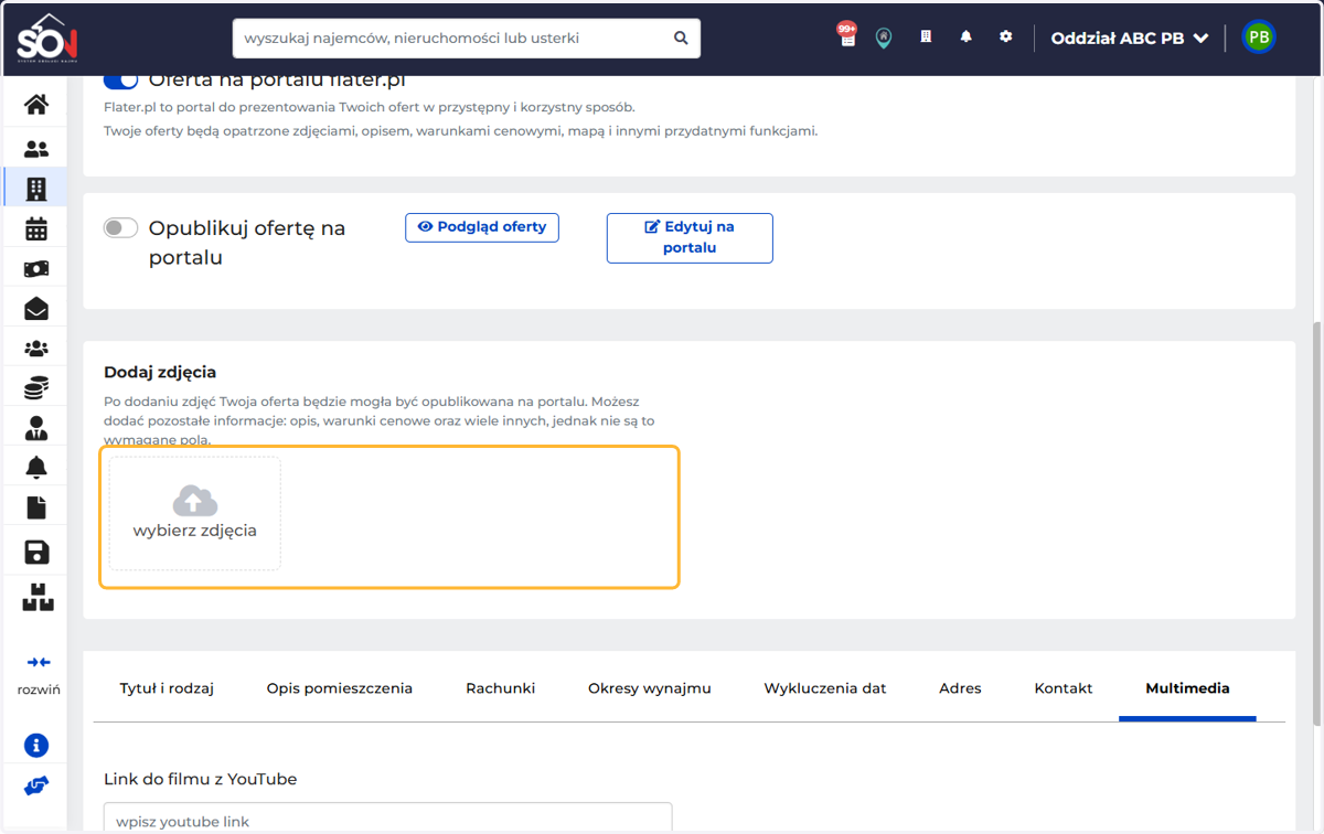 W tym miejscu dodajesz zdjęcia nieruchomości (bez dodania zdjęć nie będzie można opublikować oferty)