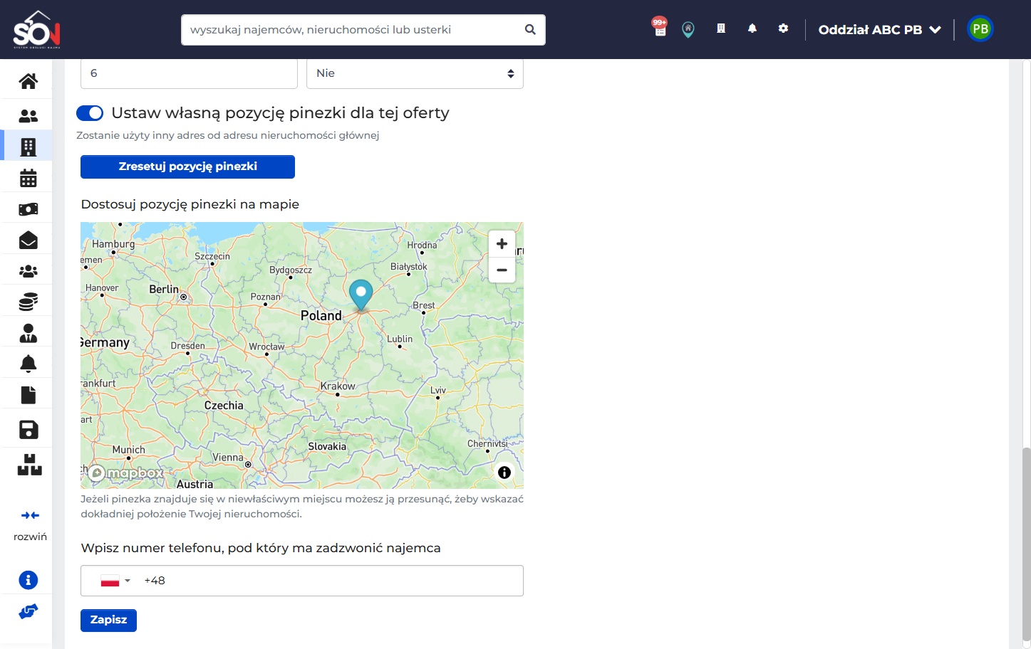 Jeśli pozycja pinezki znajduje się w innym/błędnym położeniu, możesz zmienić jej położenie ręcznie (np. garaż, który jest po drugiej stronie ulicy):