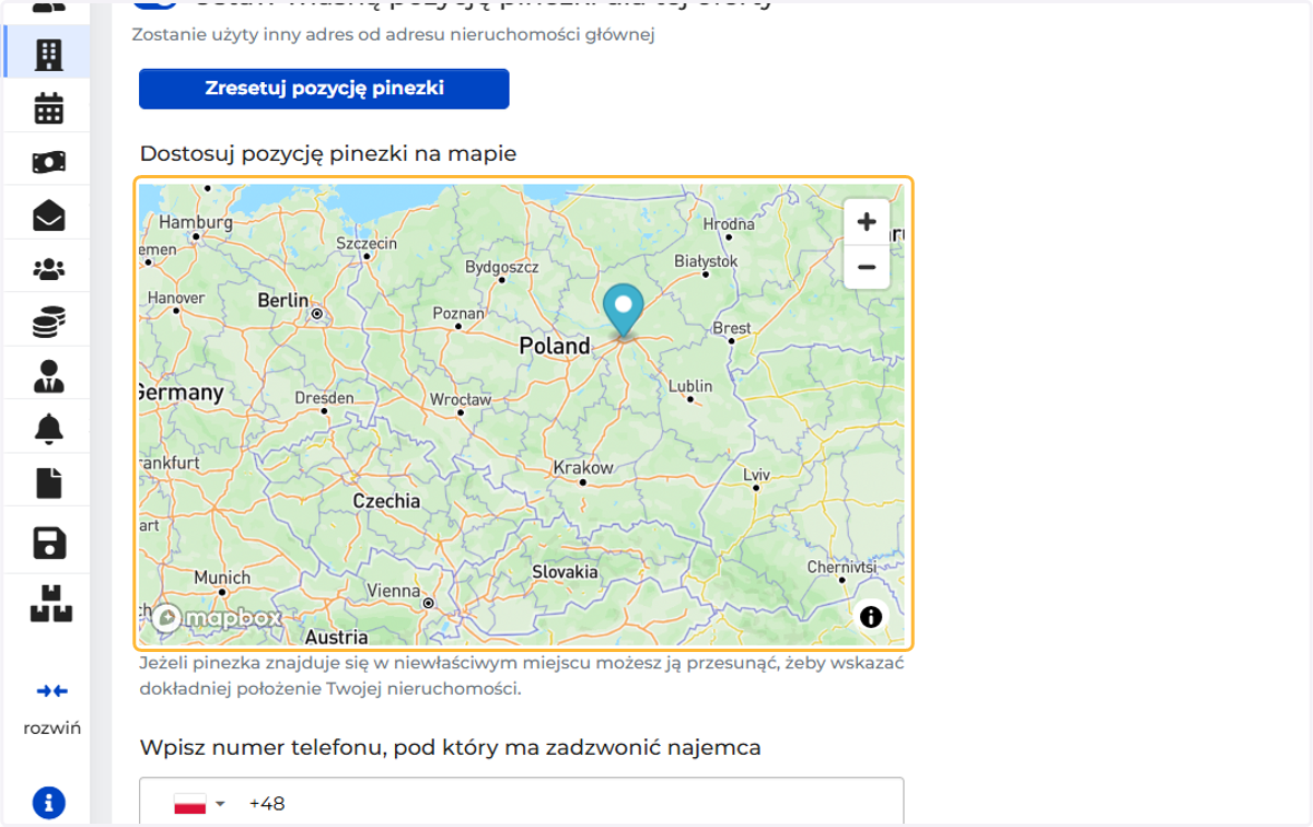 Jeśli pozycja pinezki znajduje się w innym/błędnym położeniu, możesz zmienić jej położenie ręcznie (np. garaż, który jest po drugiej stronie ulicy):
