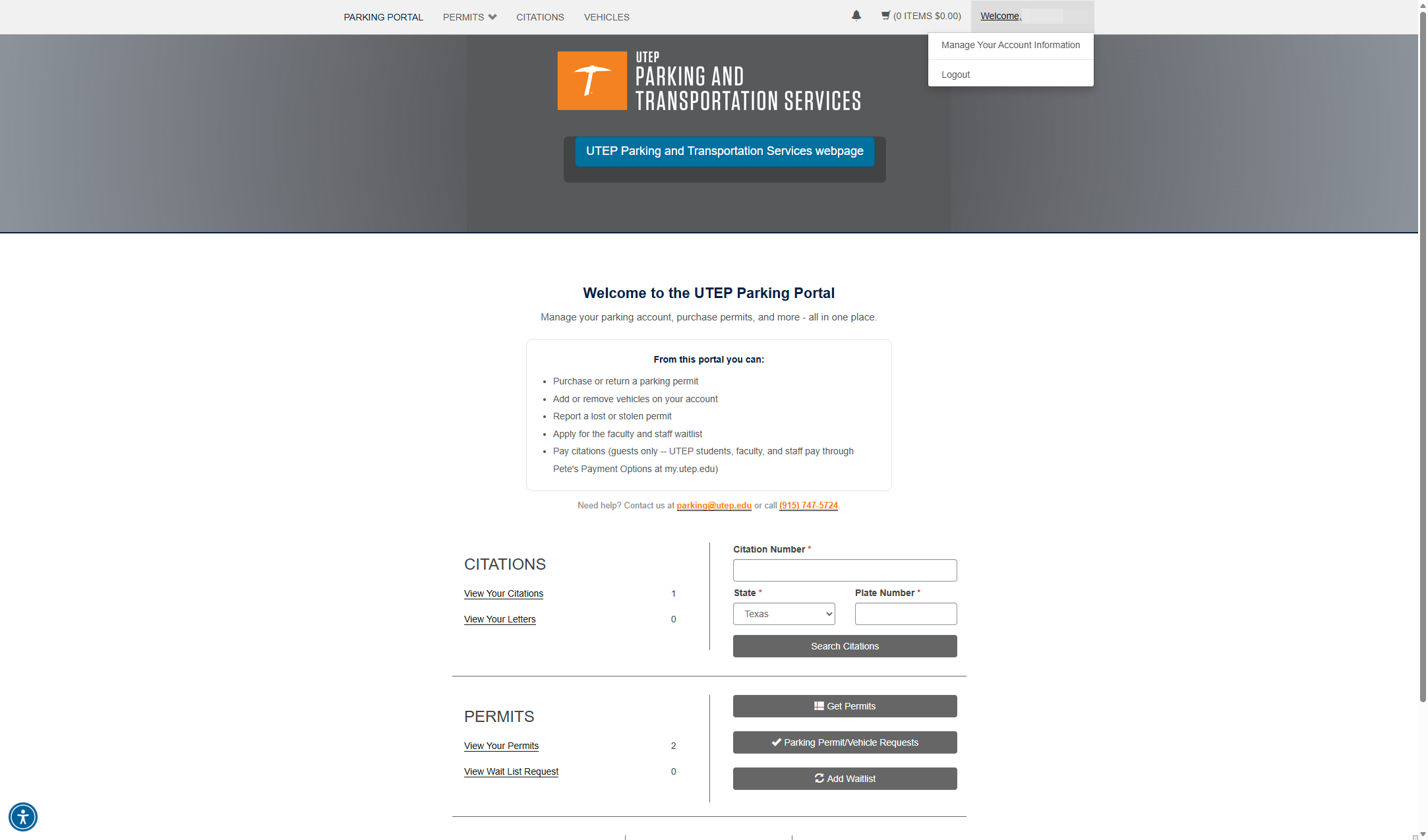 Click on Welcome, [Your Name]! and click on Manage Your Account Information from the dropdown menu