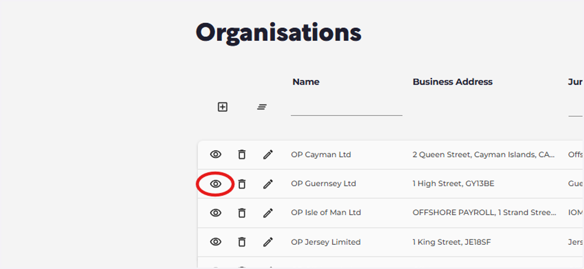 Click on the eye icon next to the organisation you wish to update.