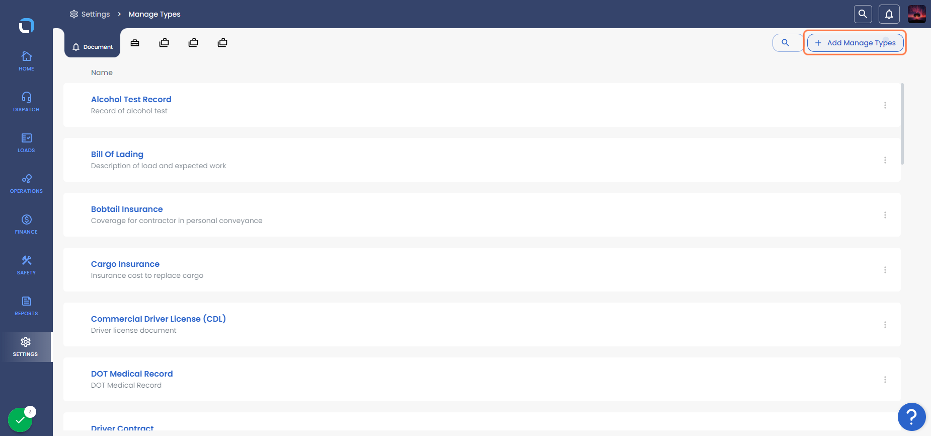 click on "Add Manage Type" to create a new Document Type