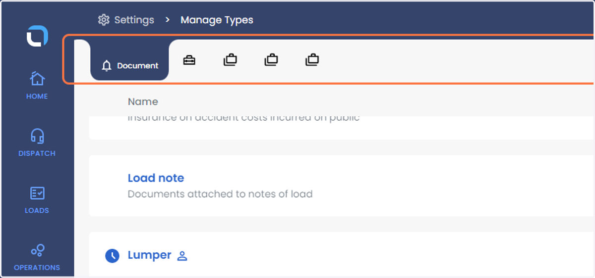 The highlighted bar shows the list of section to create the Custom line-item Commodity Document Expense category Financial pay items Maintenance