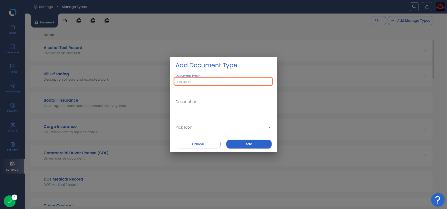 Type Document type which you would like to create (below Image shows lumper as an example)