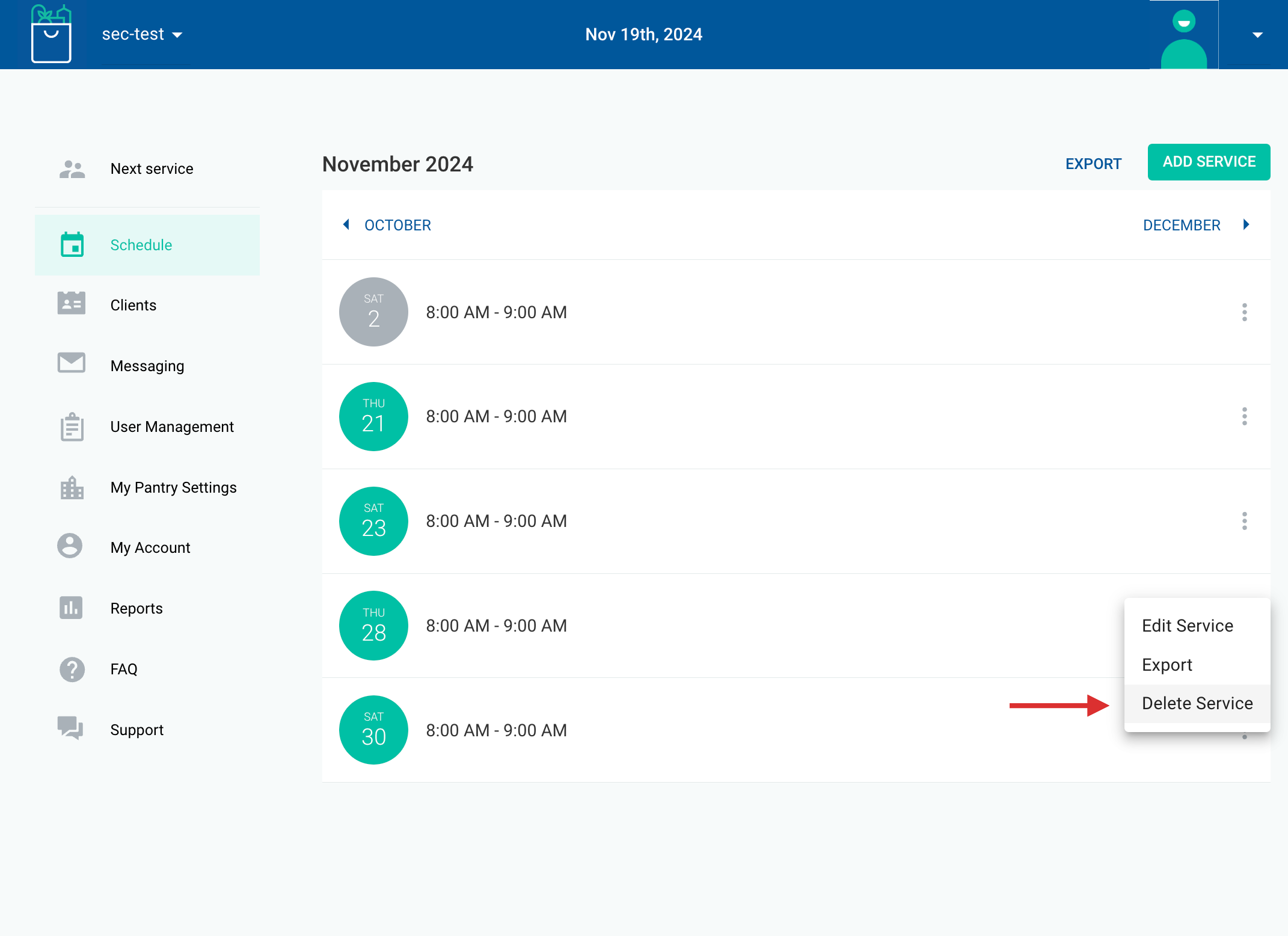 To delete a service, click on DELETE SERVICE