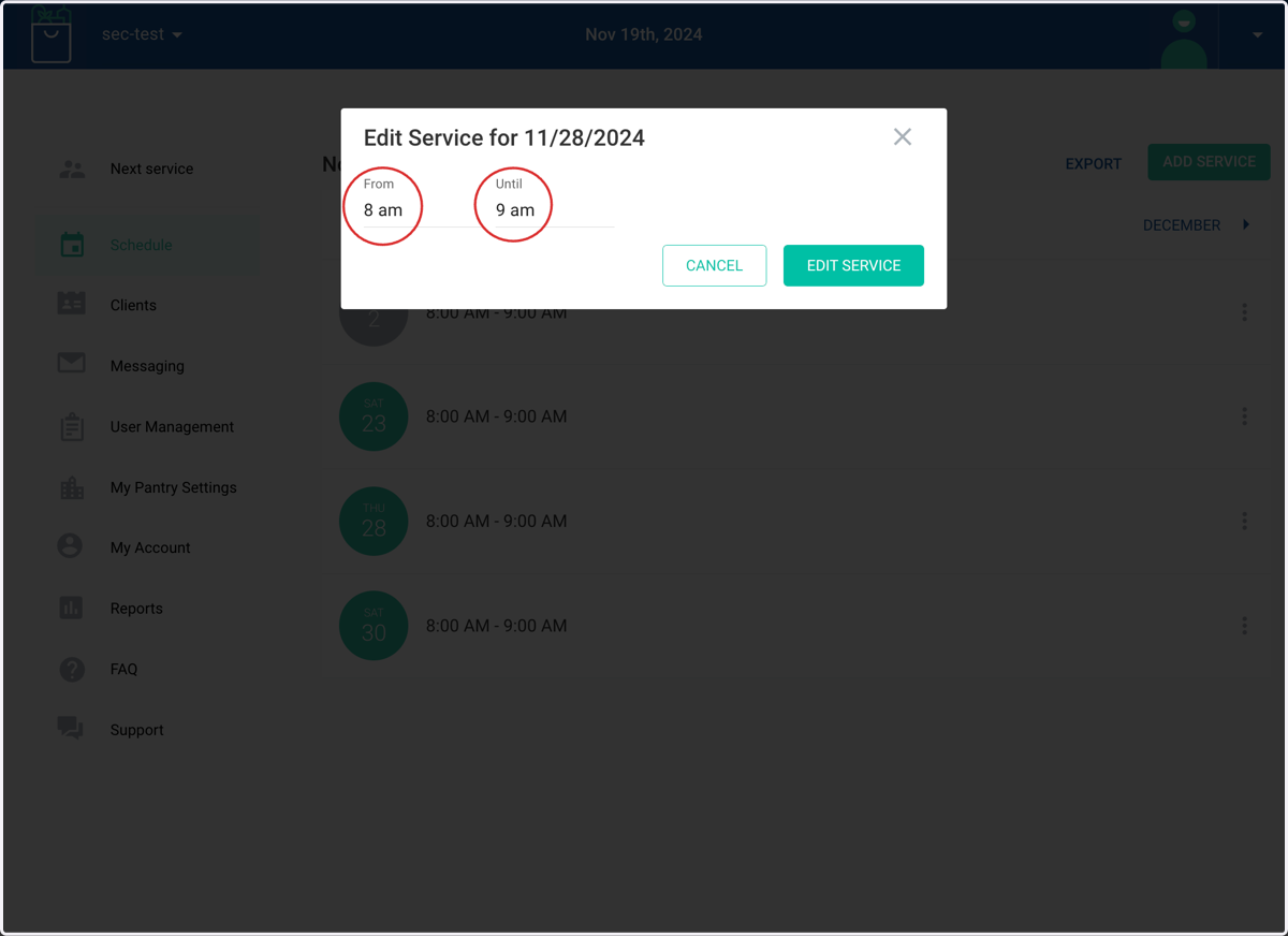 For a line based service, adjust the service times. The next step will show you how to edit or delete felete a line-based service, see next steps for reservations.