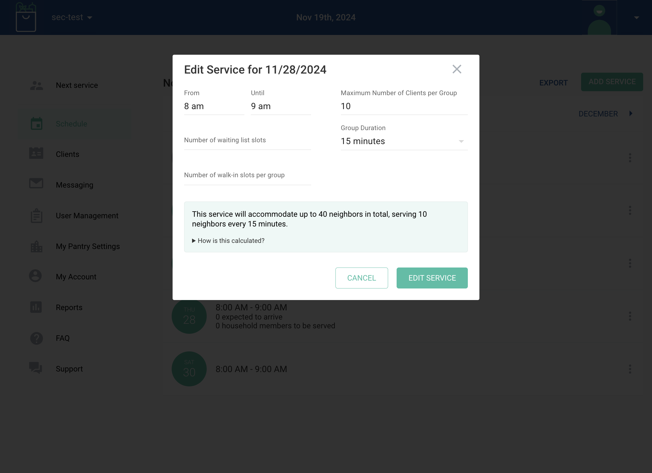 For reservation services, you can edit the capacity, group duration, waiting list, and walk-in slots