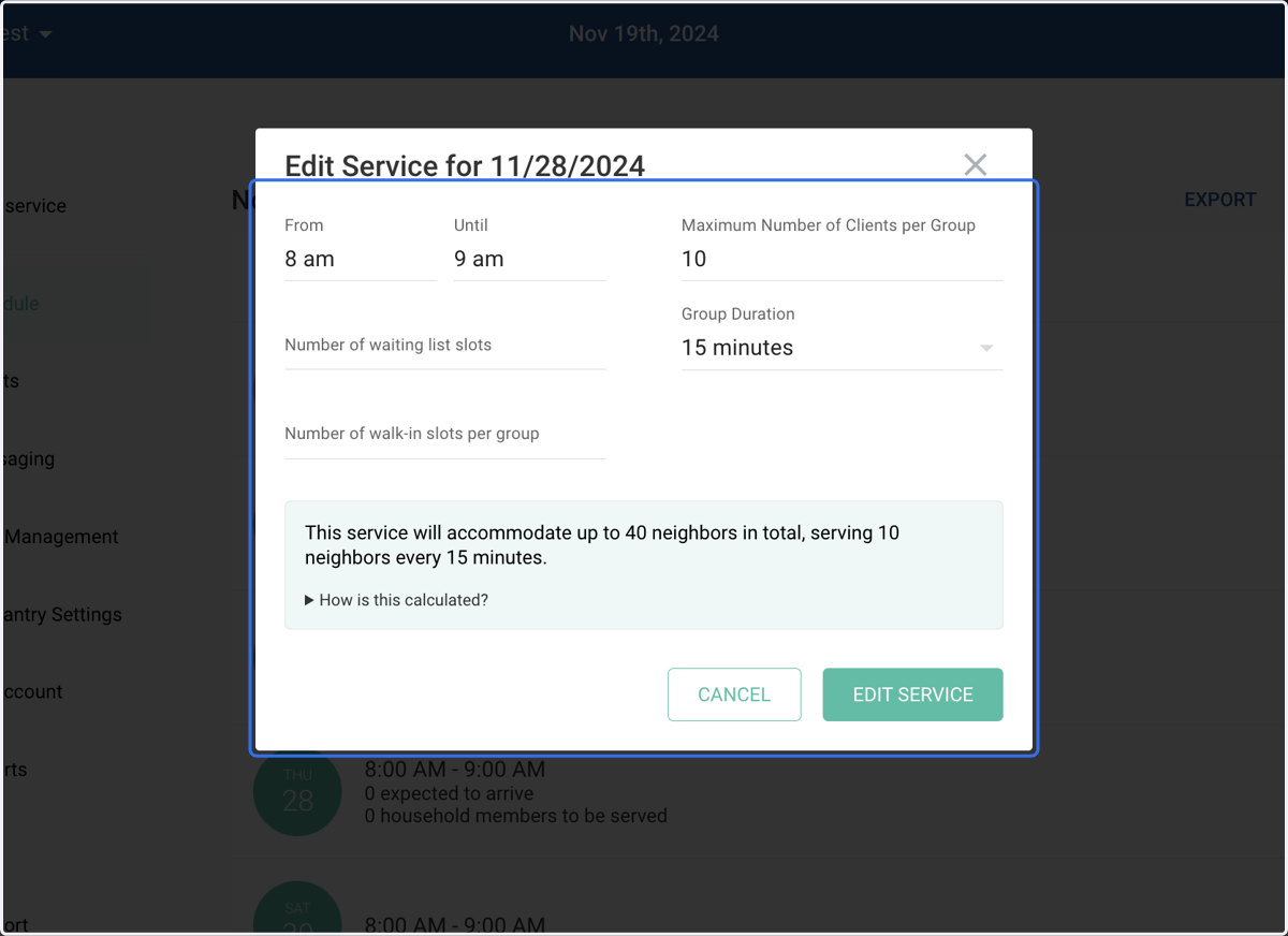 For reservation services, you can edit the capacity, group duration, waiting list, and walk-in slots