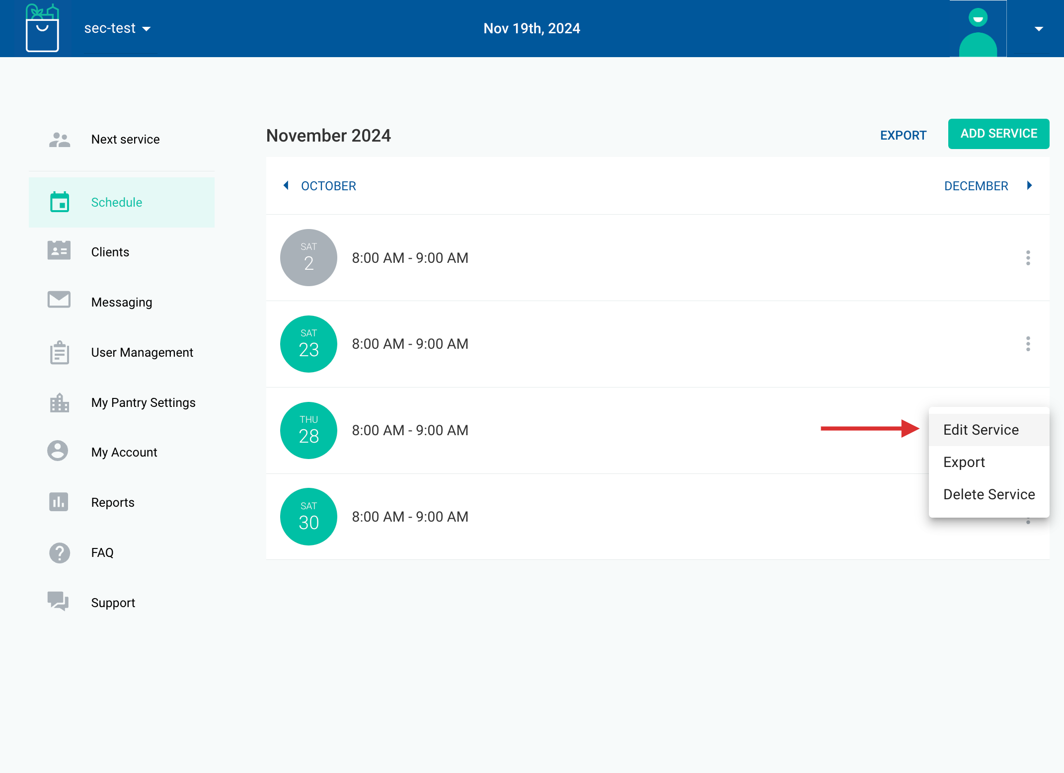 To edit your service hours, click on EDIT SERVICE