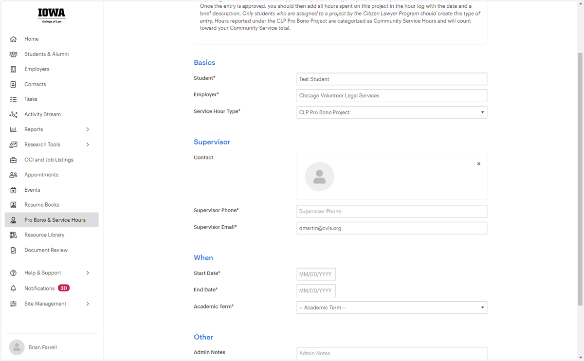 Under "Supervisor," select your assigned supervisor from the dropdown menu (if the name does not appear, contact Prof. Brian Farrell)