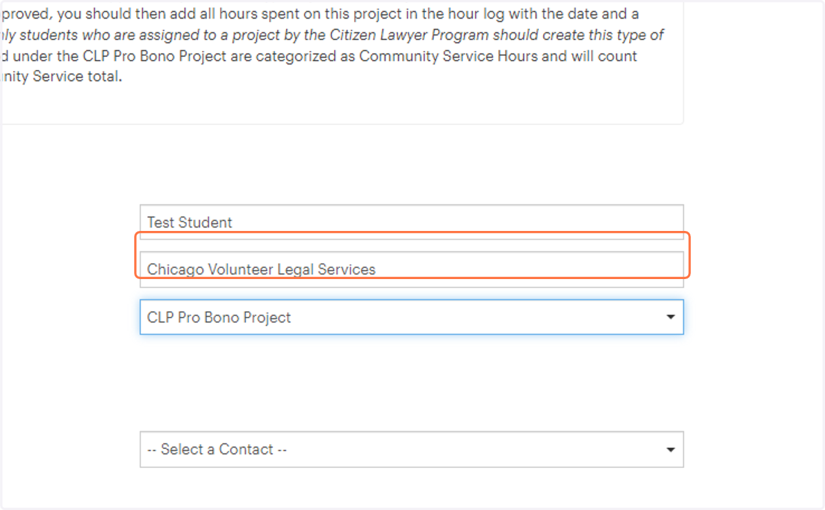 Select CLP Pro Bono Project as the Service Hour Type