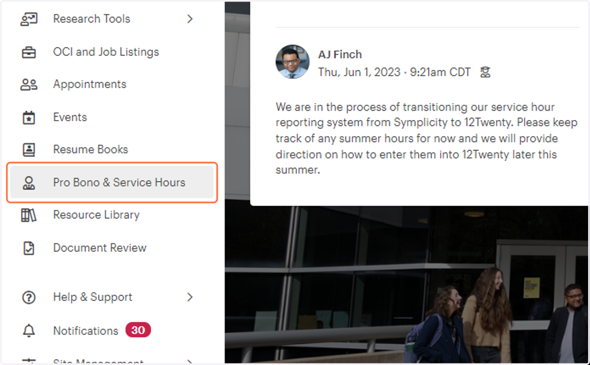 Click on Pro Bono & Service Hours