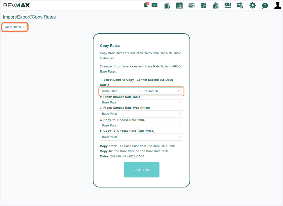 The third option is 'Copy Rates.' When selected, a panel will appear with filters that allow you to set the copy date range, specify the source of the rates, and choose the destination where the rates should be copied.