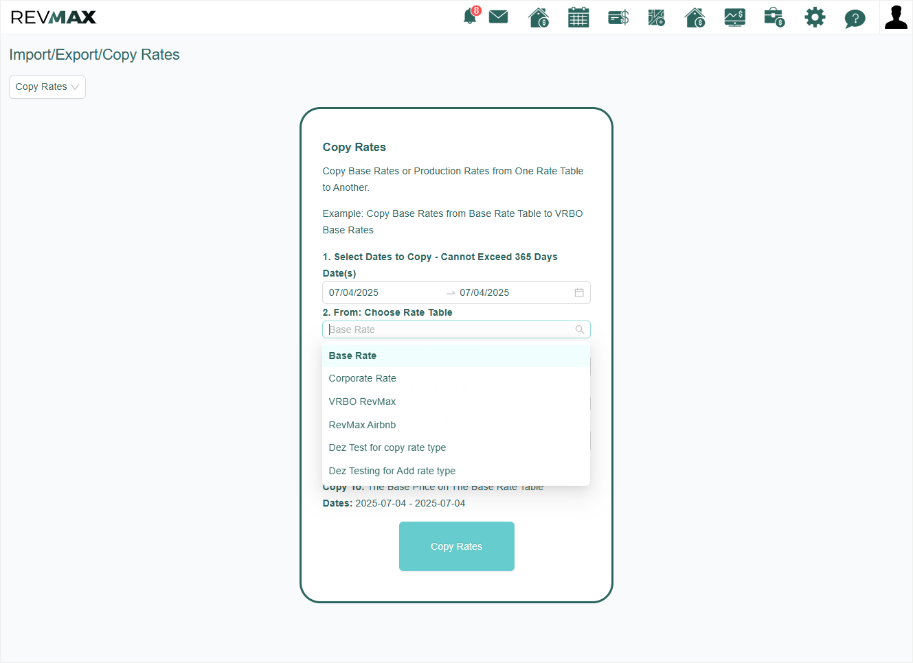 Select the Rate Table you want to copy rates from. Then, choose the Rate Type (Price) to copy, either the Base Rate or the Price Override/Top Rate.