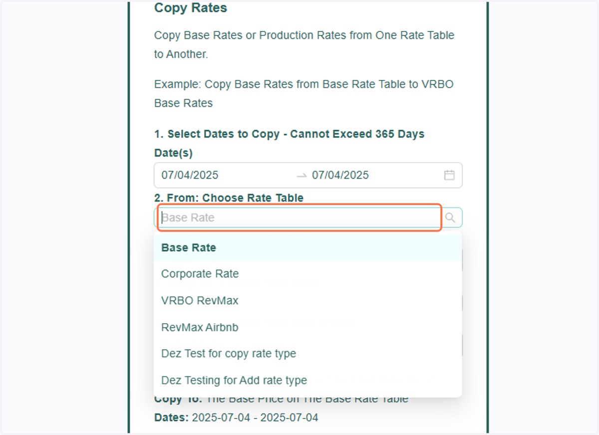 Select the Rate Table you want to copy rates from. Then, choose the Rate Type (Price) to copy, either the Base Rate or the Price Override/Top Rate.