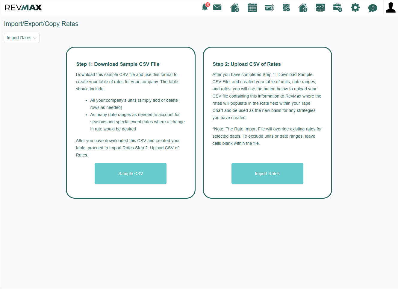 The second option is 'Import Rates,' which is used to import base rates into the system. Steps are provided on the panel as guide.