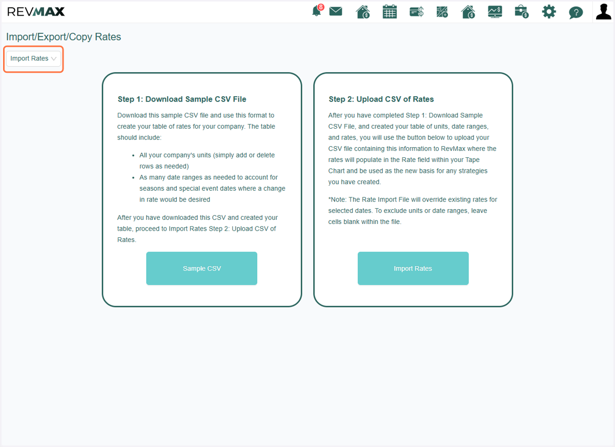 The second option is 'Import Rates,' which is used to import base rates into the system. Steps are provided on the panel as guide.