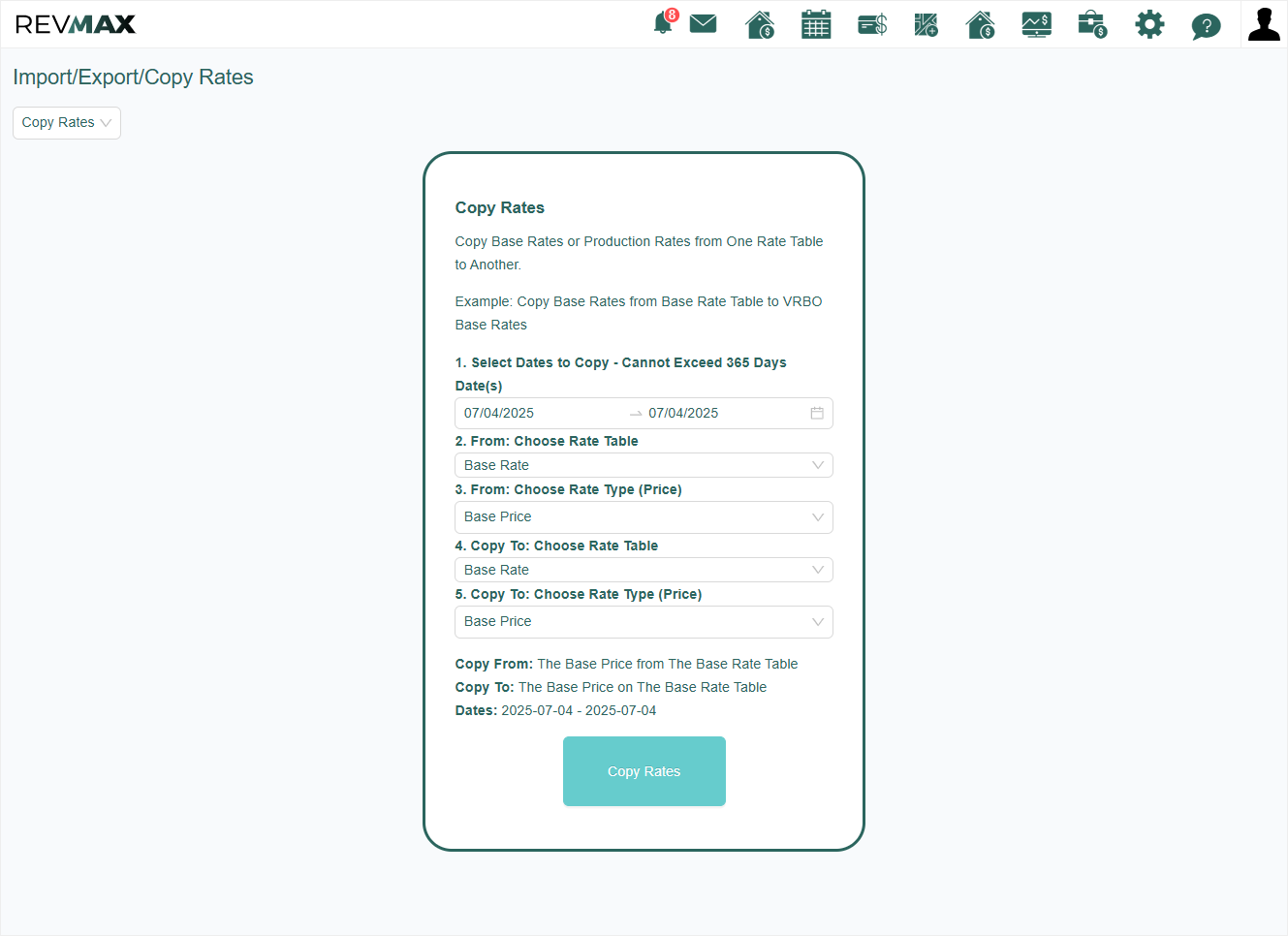 Next, select the Rate Table and Rate Type (Price) where you want the copied rates to be applied.