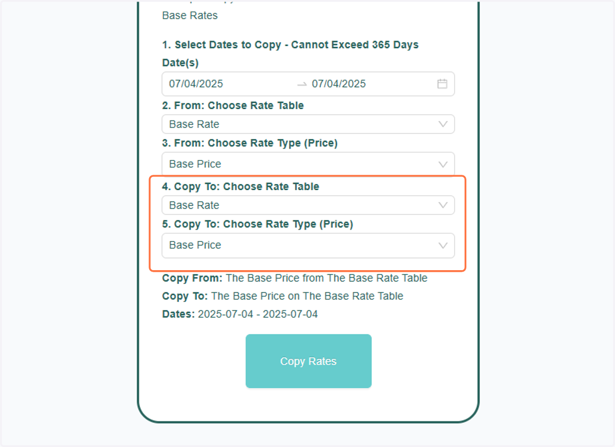 Next, select the Rate Table and Rate Type (Price) where you want the copied rates to be applied.