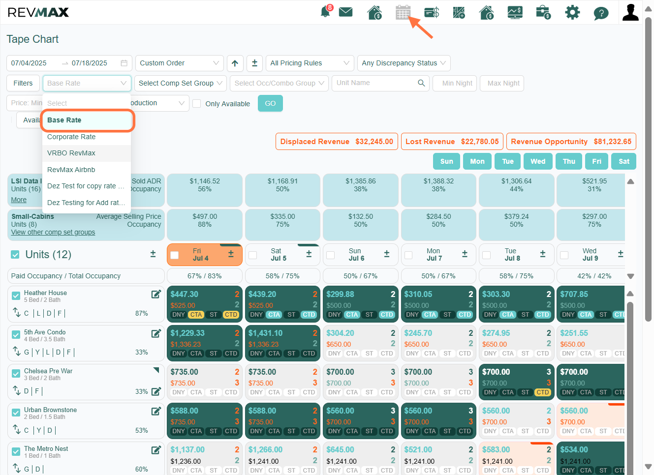 To verify that the update was successful, open your RevMax Tape Chart in two separate tabs or windows. In one, display the Rate Table you copied from (example Base Rate), and in the other, display the Rate Table where the rates were applied (example 