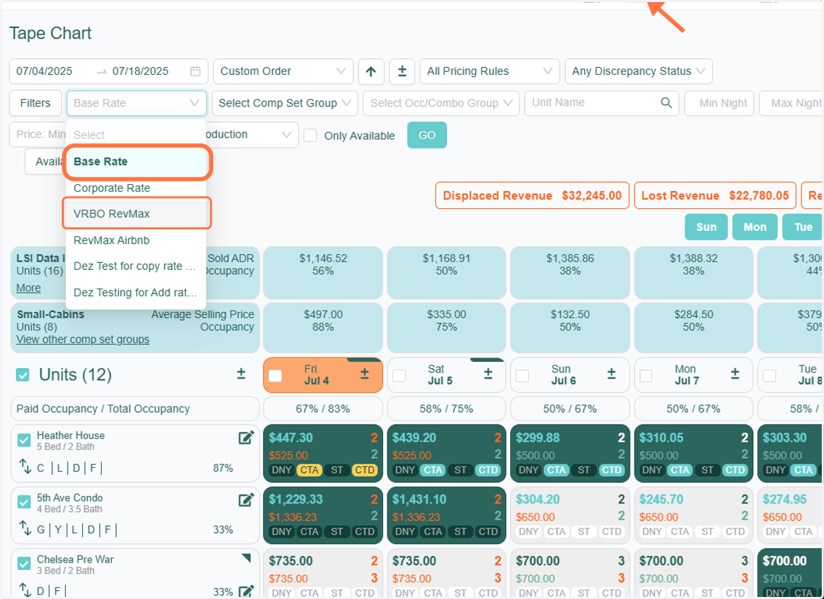 To verify that the update was successful, open your RevMax Tape Chart in two separate tabs or windows. In one, display the Rate Table you copied from (example Base Rate), and in the other, display the Rate Table where the rates were applied (example