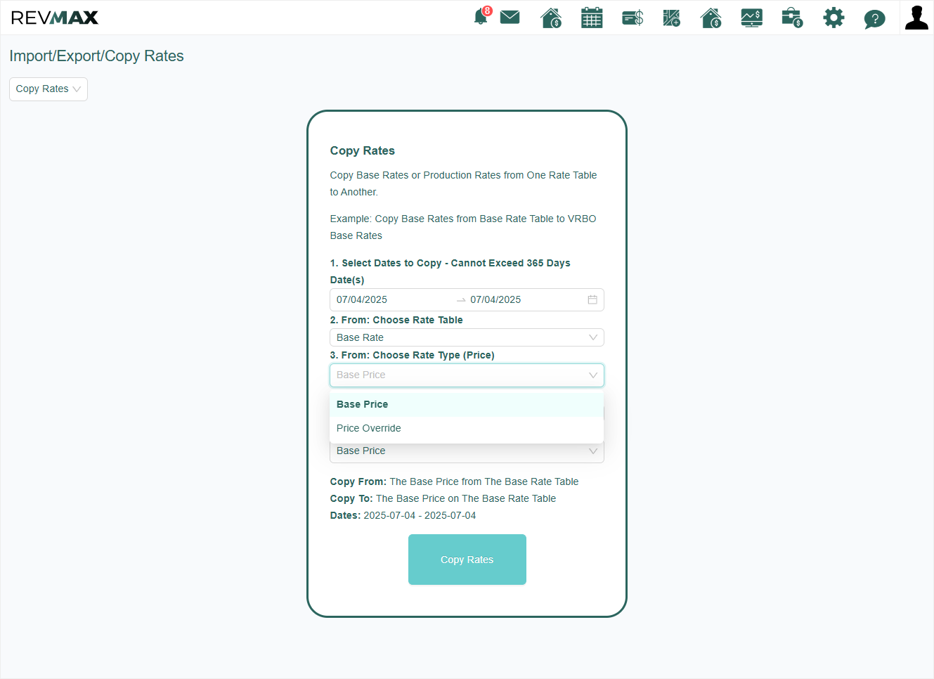 Then, choose the Rate Type (Price) to copy, either the Base Rate or the Price Override/Top Rate.