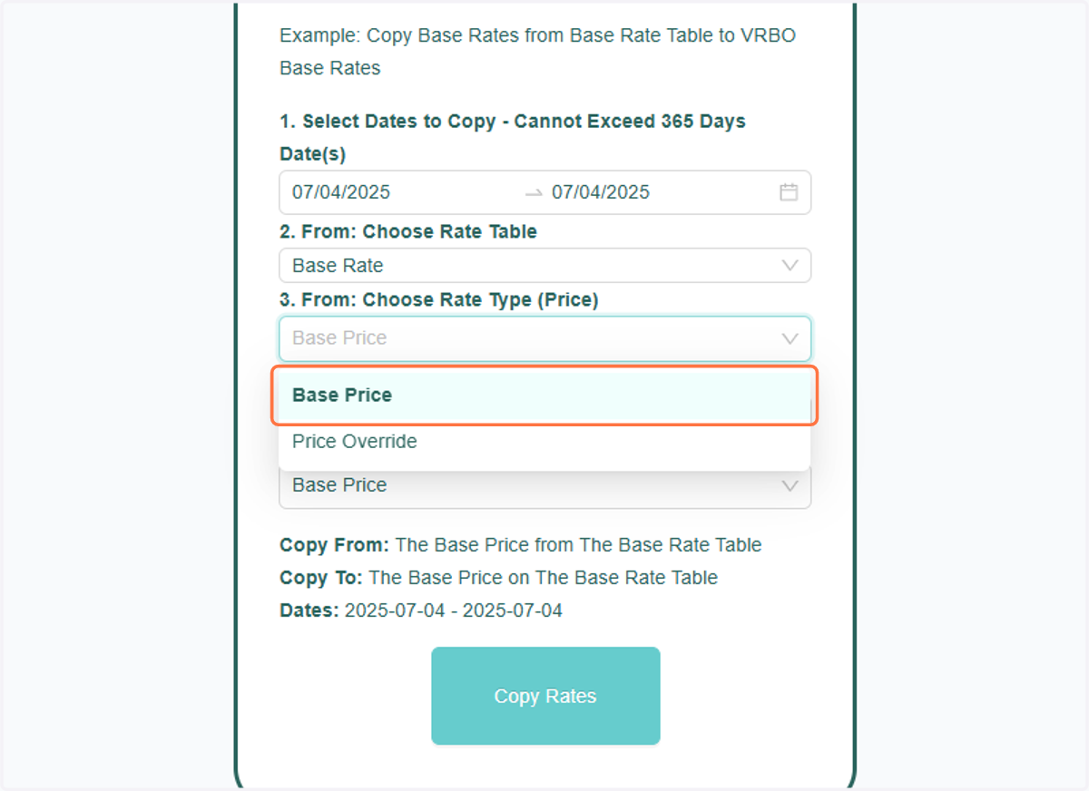 Then, choose the Rate Type (Price) to copy, either the Base Rate or the Price Override/Top Rate.