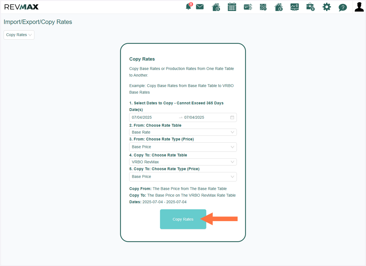 After clicking the 'Copy Rates' button, allow the system a few minutes to complete the copying process.